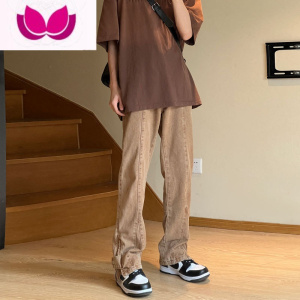 七斓棕咖色牛仔裤男美式直筒拉链开叉微喇裤ins高街潮vibe国潮裤子春