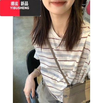 YIBUSHENG苎麻撞色条纹短袖t恤女季2024新款宽松设计感小众半袖体恤上衣