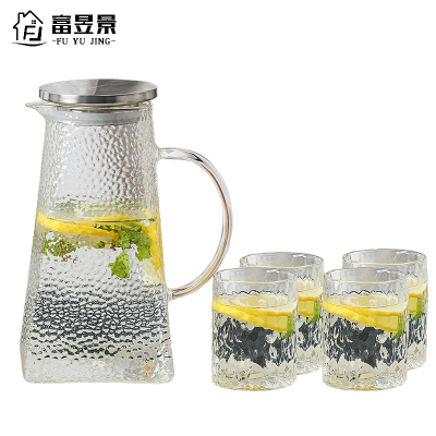 富昱景一壶4杯日式锤纹玻璃水壶家用冷水壶耐高温耐热防爆凉开水壶凉水杯子套装1.8L