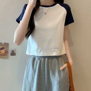 含棉 复古撞色修身短款夏季新款甜辣妹短袖T恤女潮流圆领上衣