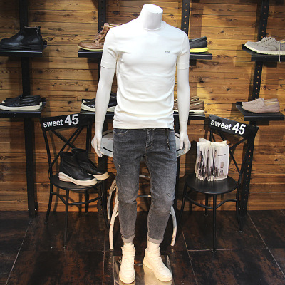 夏季薄款男T恤简单小字母丝光棉修身圆领青年净版短袖男半袖体恤_1