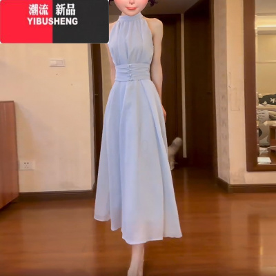 YIBUSHENG无袖挂脖连衣裙子女季2024新款海边度假设计感气质法式收腰长裙