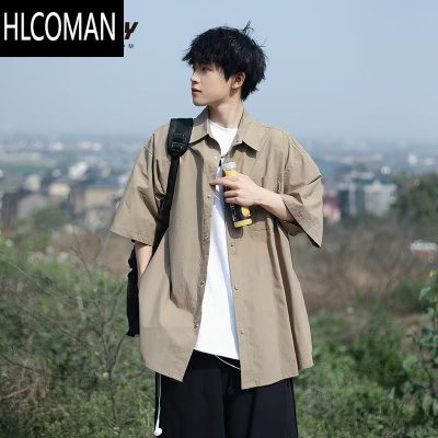 HLCOMAN休闲衬衫男短袖夏季男士宽松外套高级感痞帅五分袖衬衣bf
