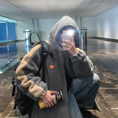 NEWLAKE冬季羔毛连帽棉衣男韩版加绒加厚棉袄外套港风宽松潮牌炸街棉服棉衣