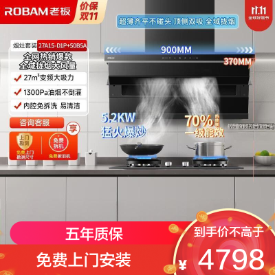 老板(Robam)烟灶套装[小黑翼D1P]顶侧双吸27大风量超薄家用大吸力 D1P+50B5A猛火灶 天然气