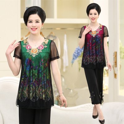 上衣加裤子中老年女装夏装加肥加大套装妈妈装夏季宽松上衣老年人短袖t恤衫裤子夏装中年女夏套装