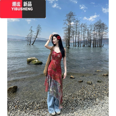 YIBUSHENG红色碎花不规则网纱吊带裙女季新款复古小众设计连衣裙沙滩裙