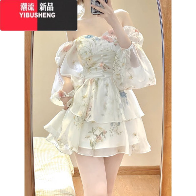 YIBUSHENG法式长袖碎花连衣裙女春高级感气质仙女蓬蓬裙收腰小个子短裙