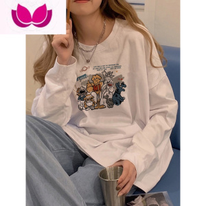 七斓长袖t恤女ins潮设计感小众美式复古卡通上衣服秋季宽松打底衫