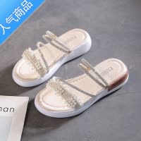 SUNTEK两穿凉鞋女2023年新款夏季外穿一字带平底水钻坡跟淑女孕妇凉拖鞋