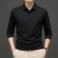 纯色薄款男士长袖Polo衫 秋季中年商务休闲宽松百搭T恤衫