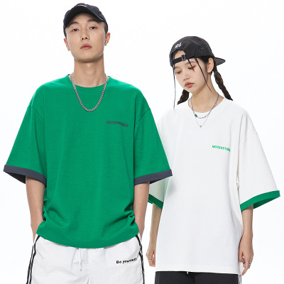潮牌T恤男式宽松短袖圆领休闲百搭减龄情侣款短袖假两件撞色男装
