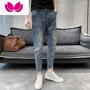 七斓2023韩版破洞牛仔裤男九分潮流夏季美式高街弹力修身小脚休闲