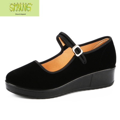 女黑色松糕厚底坡跟中跟防滑酒店礼仪舞蹈工作单鞋语娄