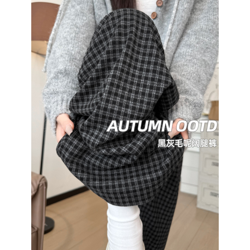 黑色格子西装裤女新款秋季高腰垂感直筒宽松小个子毛呢阔腿裤