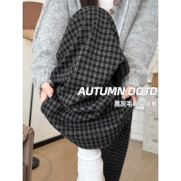 黑色格子西装裤女新款秋季高腰垂感直筒宽松小个子毛呢阔腿裤_868