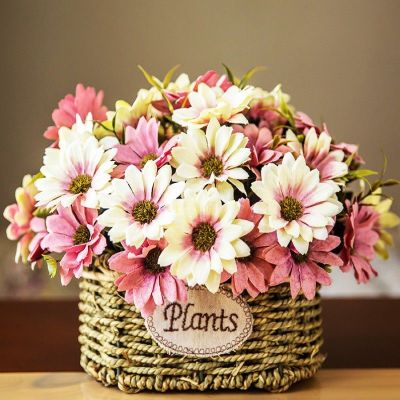 三维工匠塑料花假花盆栽客厅桌面摆设干花花束室内办公室装饰品娟花篮摆件粉色波斯菊双耳草编