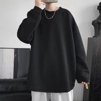 ThreeSons圆领卫衣男士秋冬季新款纯色简优菠萝格提花宽松长袖上衣