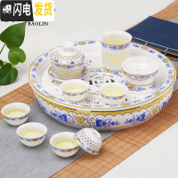 三维工匠隔热功夫茶具套装家用陶瓷泡茶杯茶壶茶盘简约现代中式青花瓷客厅 10头盖碗+茶盘-玲珑田园玫瑰 8件