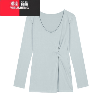 YIBUSHENG辣妹深v领长袖T恤连衣裙女春季内搭裙子收腰扭结气质小众a字短裙