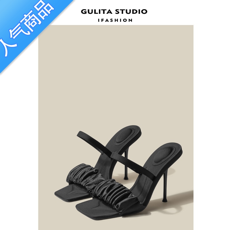 SUNTEK法式黑色细跟高跟鞋女凉拖鞋女夏季外穿性感一字带凉鞋女款