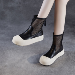 真皮厚底凉靴女春夏新款薄款镂空透气网纱马丁靴短靴平底凉鞋