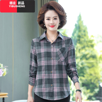 YIBUSHENG妈妈秋装长袖格子衬衫50岁40中年妇女衬衣中老年春秋棉上衣大码妈妈装