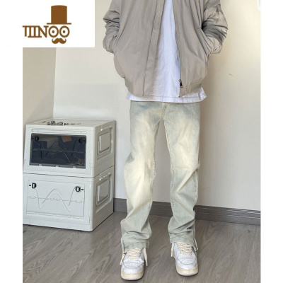 YANXU美式高街复古黄泥染牛仔裤男款夏季拉链设计直筒宽松阔腿裤子潮牌