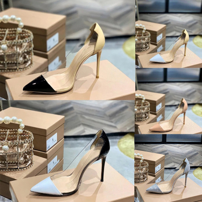 Ideaminiins网红超火伴娘拼接透明白色尖头高跟鞋细跟单鞋女银色新娘婚鞋