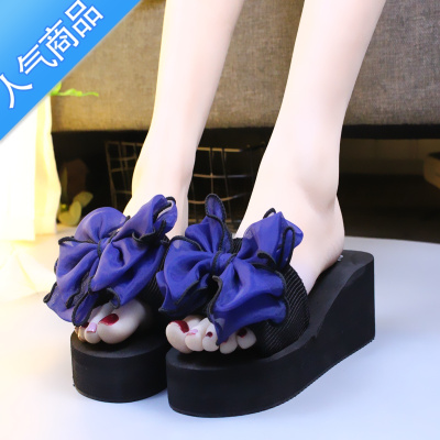 SUNTEK夏季凉拖鞋女外穿高跟一字拖蝴蝶结防滑坡跟厚底海边度假沙滩鞋潮