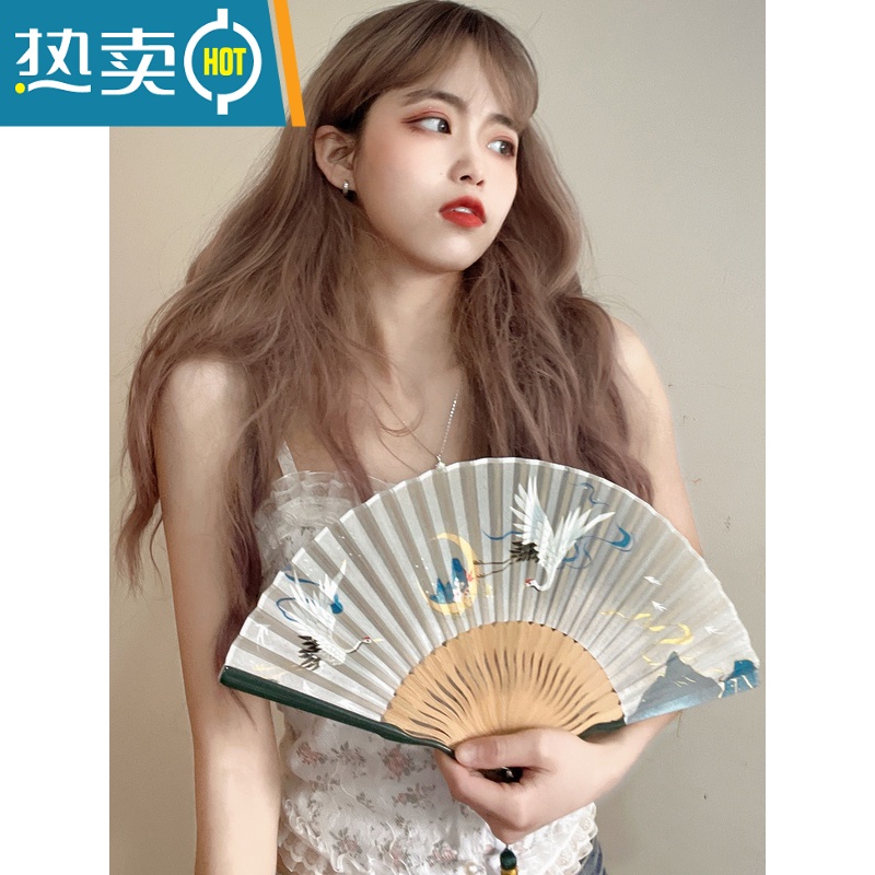 XIANCAI古风扇子折扇仙鹤小竹扇女士旗袍中国风跳舞扇舞蹈手绘便携夏季天 绿色