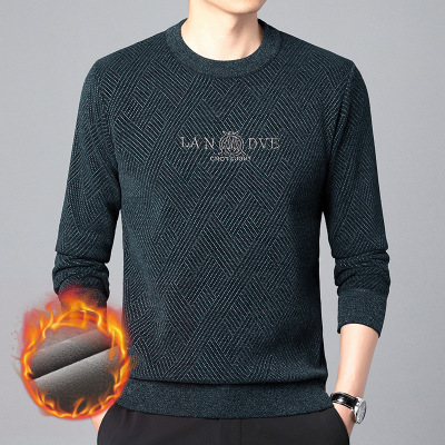 雪貂绒男士毛衣秋冬季新款圆领刺绣加绒加厚保暖打底针织衫男