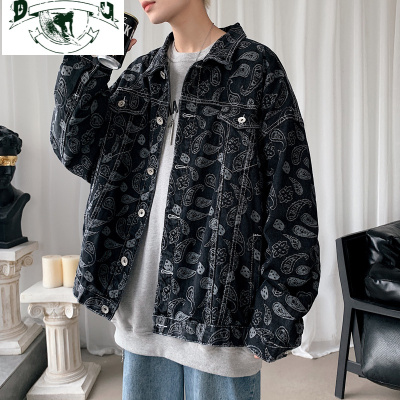 HLCOMAN腰果花牛仔外套男春秋季ins韩版潮流百搭夹克潮牌宽松大码上衣服夹克