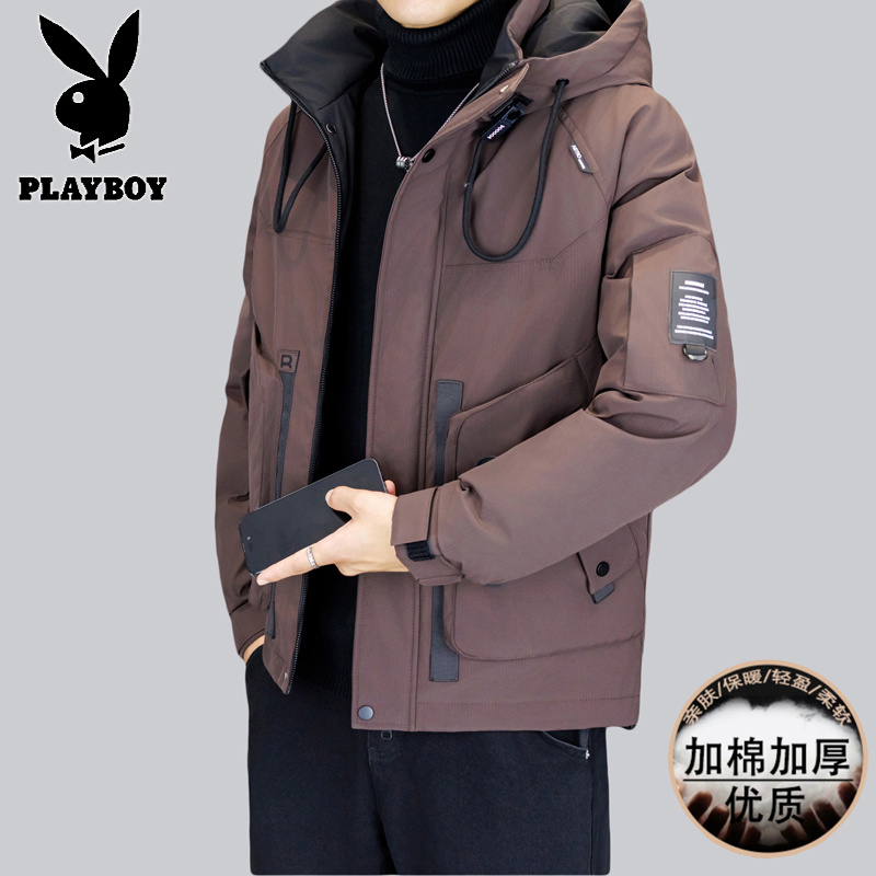 花花公子新款高品质冬季新款户外帅气防寒服三防连帽加厚羽绒棉男装夹克外套