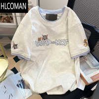 HLCOMAN欧版小众卡通刺绣猫和老鼠短袖T恤男女夏假撞色减龄休闲上衣