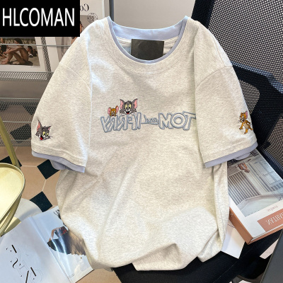 HLCOMAN欧版小众卡通刺绣猫和老鼠短袖T恤男女夏假撞色减龄休闲上衣