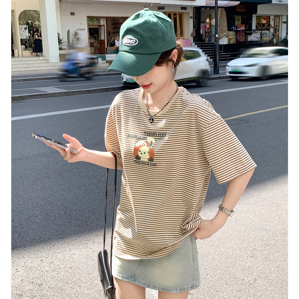 [2.5折价62元]唐狮夏季女圆领前胸图案条纹T恤减龄学院风休闲百搭上衣潮流