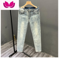 七斓2022新款复古做旧水洗牛仔裤男士弹力修身浅蓝九分小脚裤子韩版潮