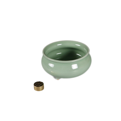 祭祀佛具小香炉陶瓷家用供佛仿古香薰炉茶道檀香盘香插炉-圆边第梅+九孔香架