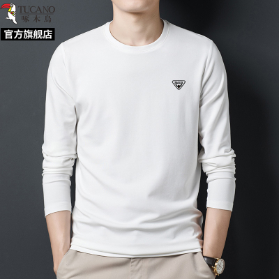 啄木鸟长袖t恤男圆领春秋2025年新款纯棉白色上衣男士卫衣打底衫