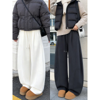 加绒镰刀运动裤子女款新款白色加厚卫裤胖mm宽松阔腿长裤