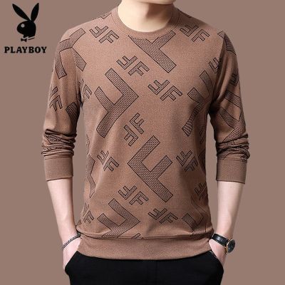 苏宁星选-PLAYBOY/花花公子男士秋冬长袖双面绒卫衣中青年打底衫休闲圆领印花T恤潮