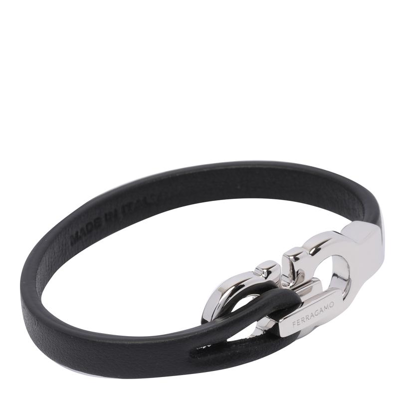 Salvatore Ferragamo黑金Gancini皮质男士手链银色logo搭扣UNISIZE