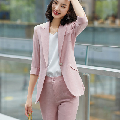 女先生职业女裤套装粉色西装外套女春秋七分袖2021新款薄款中袖夏休闲小西服套装正装工作服面试会议礼服抗皱免烫正装