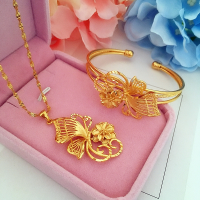 新款仿真沙金手镯女 婚庆新娘磨砂花朵镯子开口民族风24K镀金手环送女朋友老婆情人节七夕生日礼物