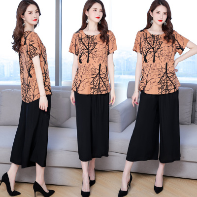 中老年女夏装短袖上衣T恤阔太太套装中年妈妈洋气大码宽松两件套