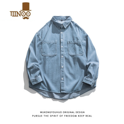 YANXU日系复古简约纯色做旧牛仔长袖衬衫男潮牌街头宽松bf外套