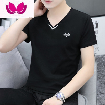 七斓男装2023新款男士t恤短袖v鸡心领上衣服半袖青年潮流时尚丅恤
