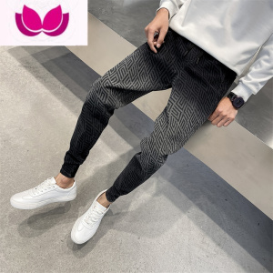 七斓黑色束脚休闲裤男秋季新款渐变韩版潮流弹力显瘦抽绳小脚裤长裤子