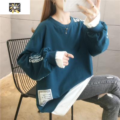 暖青汇胖mm大码200斤中长款卫衣女春秋薄款无帽宽松洋气减龄假两件上衣卫衣